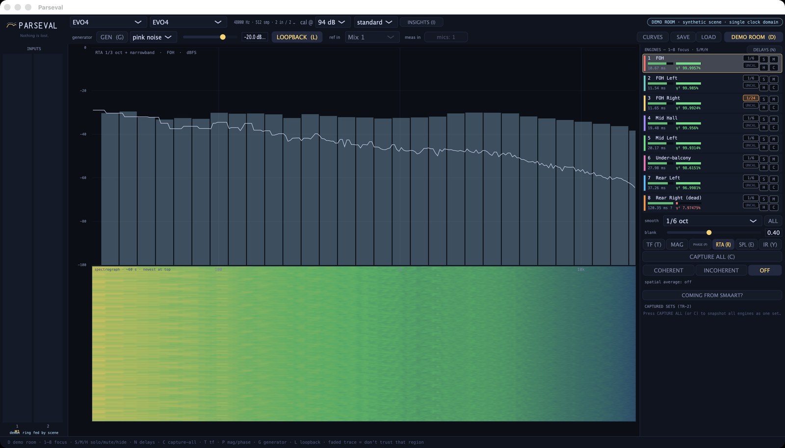 Real-time analyzer — a 1/3-octave-plus-narrowband spectrum over a live spectrograph (waterfall).